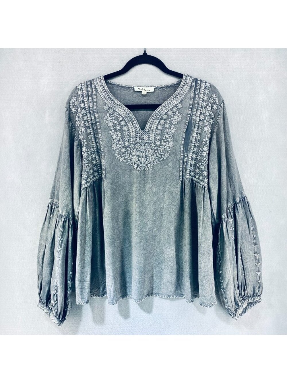 Solitaire Top Womens Large Gray Embroidered Cottagecore Peasant Blouse Hippie
